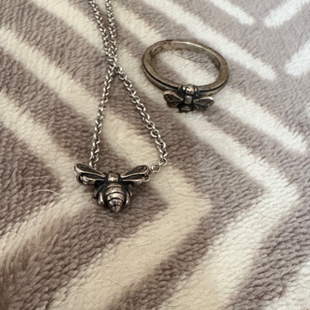 Bee Pendant Necklace and Bee Ring Set - Silver Tone